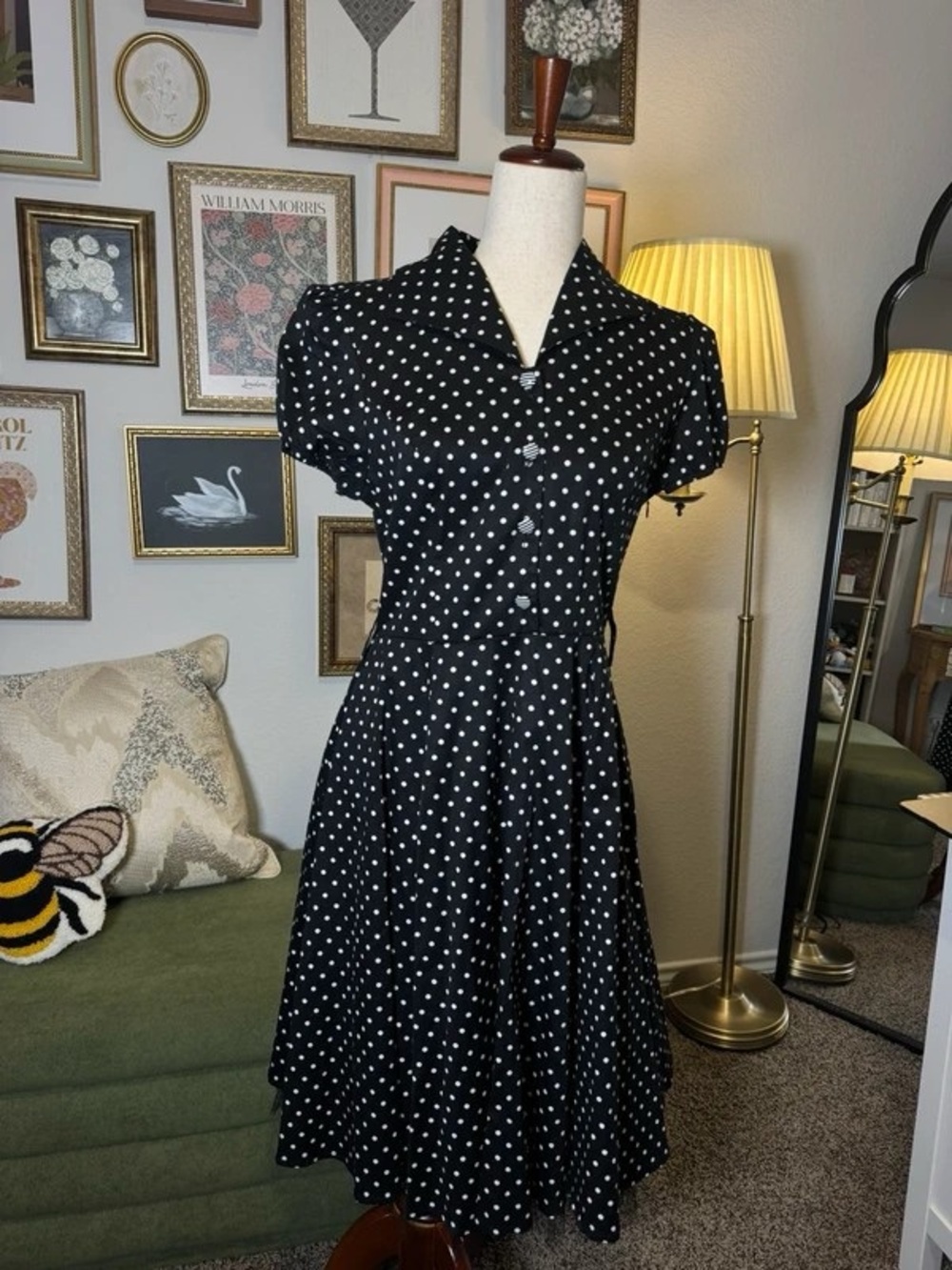 Vintage-Inspired Black Polka Dot Maxi Dress with Collar